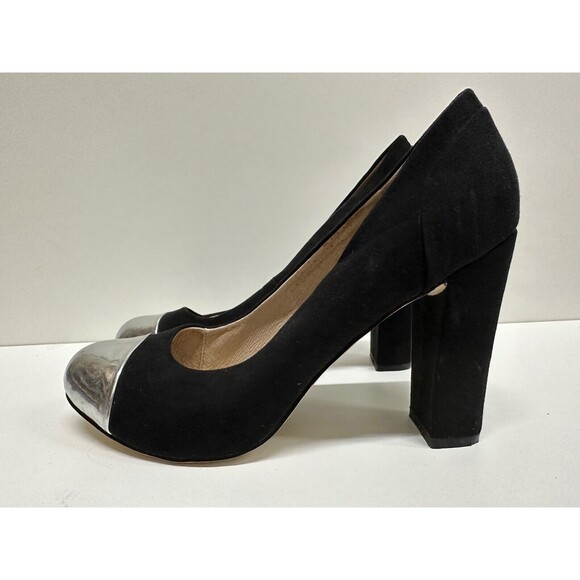 Chelsea Crew style Cappy metallic silver cap toe black suede pumps size 9 - Picture 3 of 9